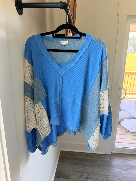 POL Tops - POL Patchwork V-Neck Pullover in Blue and Cream